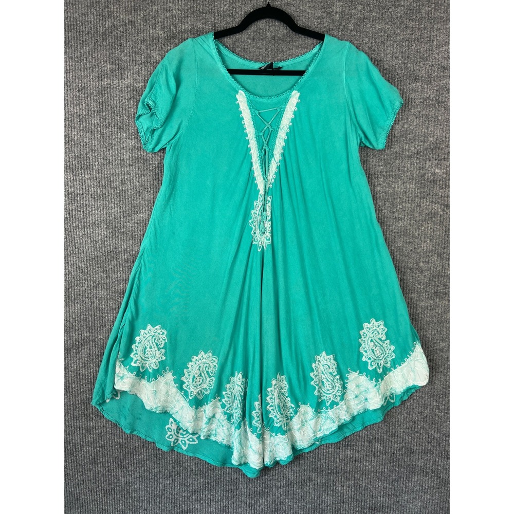 S.R. Fashion Embroidered Midi Dress Boho Hippie Coastal Turquoise Rayon XL